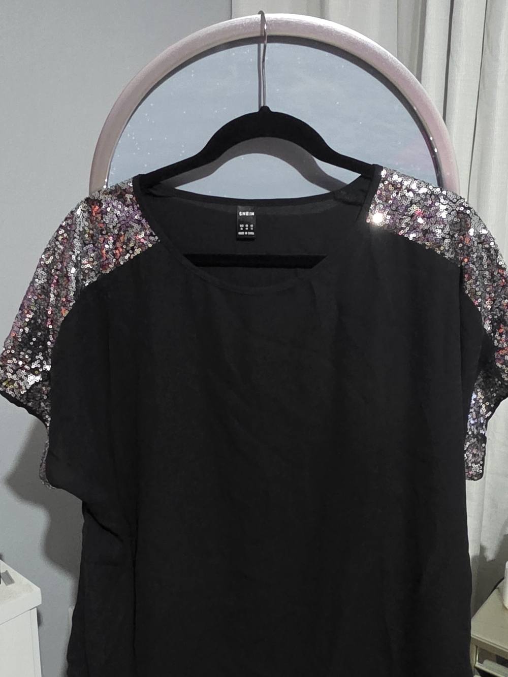 SHEIN Black Top with Iridescent Sequin Shoulders